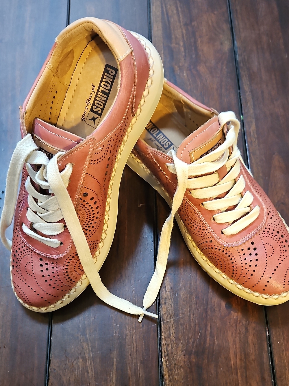 PIKOLINOS Coral-Peach Perforated Leather Sneakers with Cream Laces